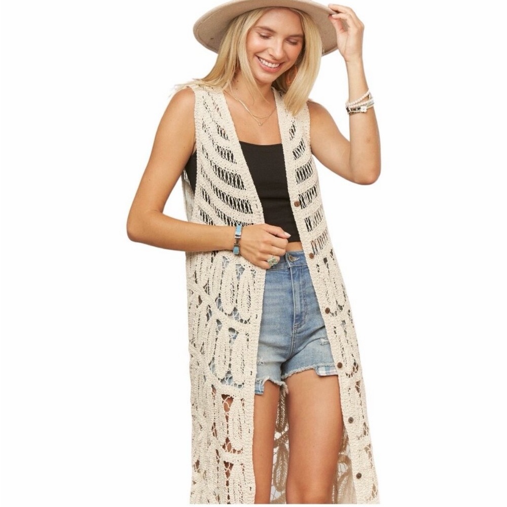 H12 CROCHET CREAM OPEN FRONT DUSTER